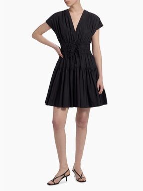 Derek Lam 10 Crosby Tora V-Neck Shirred Waist Cotton Dress Black Size 4
